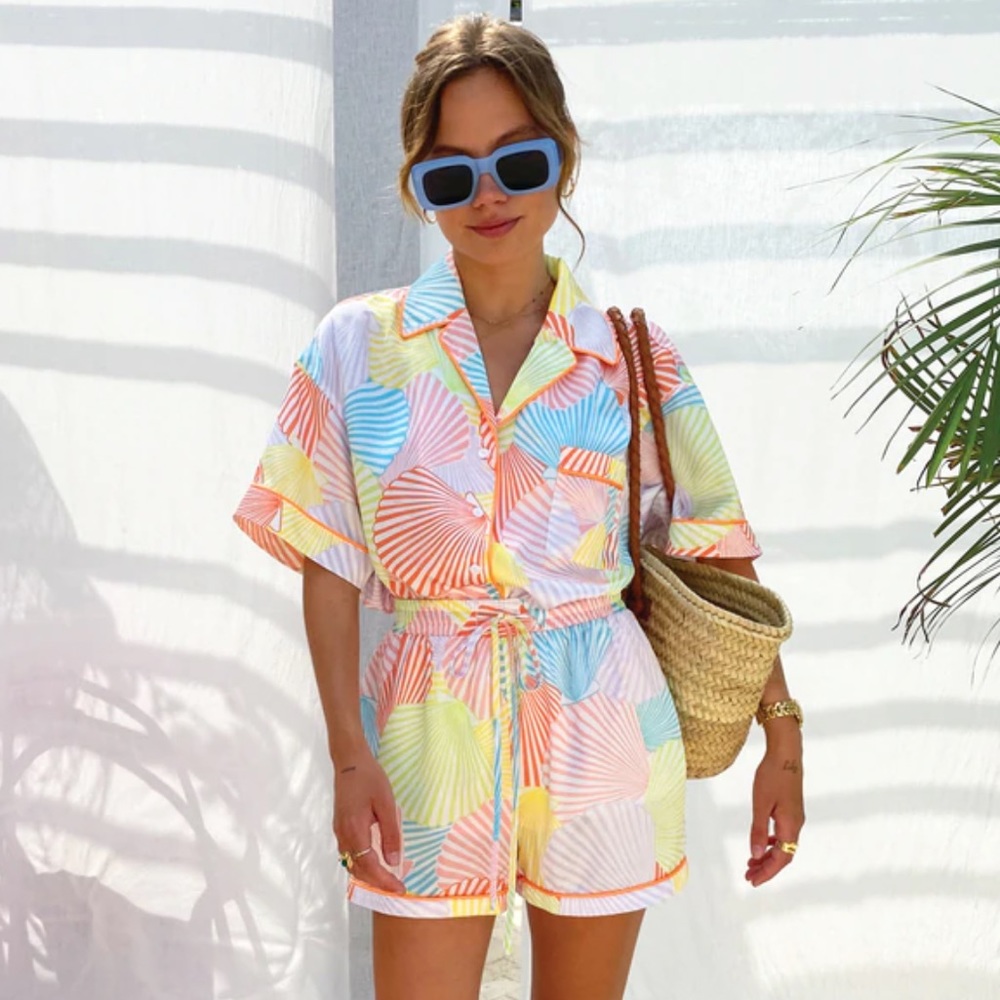 Never Fully Dressed Satin Shell Print Tropical Shirt and Short Set